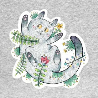 Cute Grey Cat Happily Rolling in the Garden T-Shirt